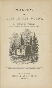 A photo-facsimile of the original 1854 title page of Walden depicts a vivid illustration of the shack at Walden Pond. It was drawn by Henry David Thoreau’s sister Sophia. Built with rough boards, the shack is surrounded by several pyramid-shaped conifer trees. A front wall with door and window appear to be illuminated by the morning sun.