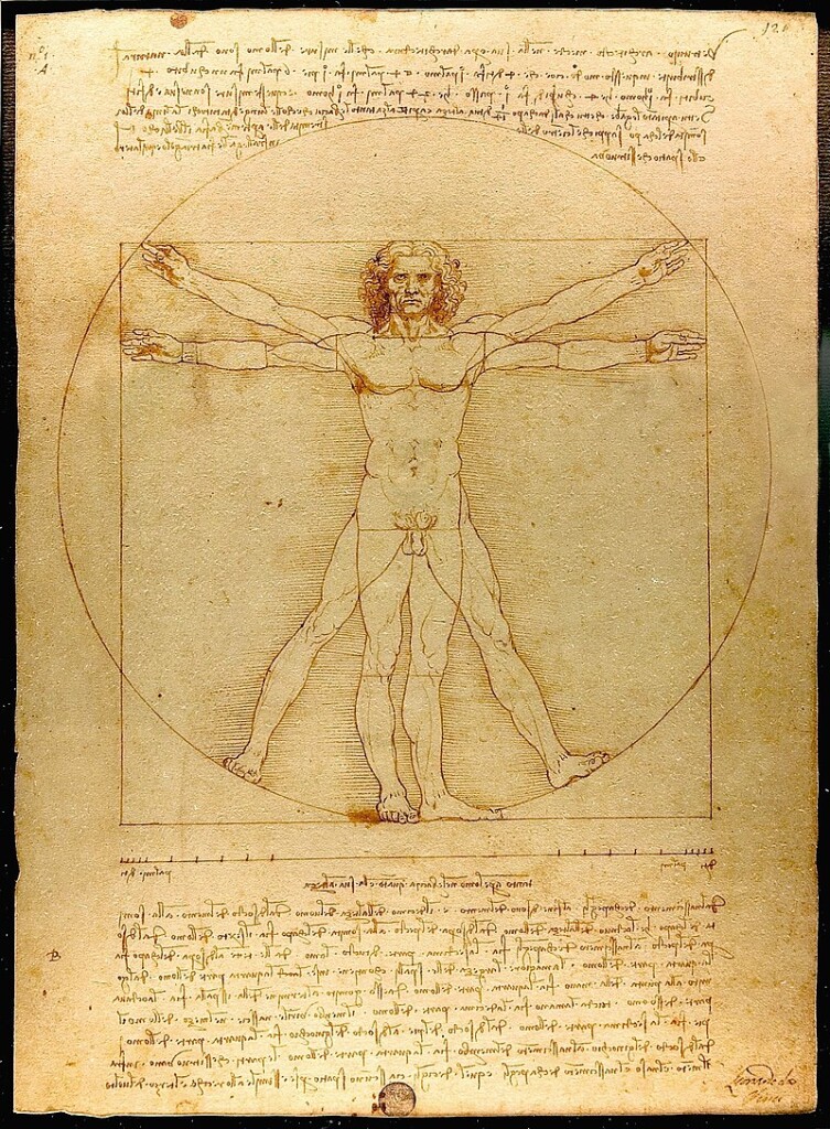 The Vitruvian Man (is a drawing by the Italian Renaissance artist and scientist Leonardo da Vinci, dated to c. 1490. Inspired by the writings of the ancient Roman architect Vitruvius, the drawing depicts a nude man in two superimposed positions with his arms and legs apart and inscribed in both a circle and square. The drawing was described by one art historian as an iconic image of Western civilization.