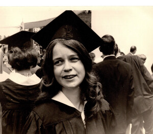 Diana Willis Jamison wears the traditional black mortar board and gown at her graduation at The Ohio State University in June 1964.
