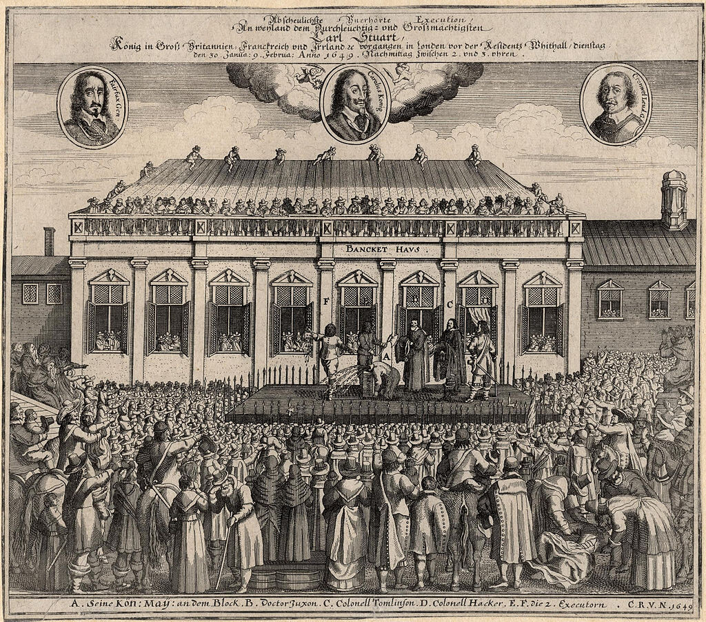 A large crowd gathers outside the Banqueting House, Whitehall Palace to witness King Charles I's public beheading in 1649. The illustration is based on a contemporary 17th-century German print. [Source: Wikipedia]