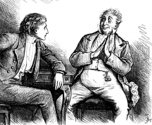 This book illustration from a 19th-century edition of David Copperfield depicts an amiable conversation between Mr. Dick and David (left). Both are seated. A stout older man, Mr. Dick folds his hands thoughtfully. A young boy, David listens attentively. The illustration was drawn by Fred Barnard. [Source: Wikipedia]